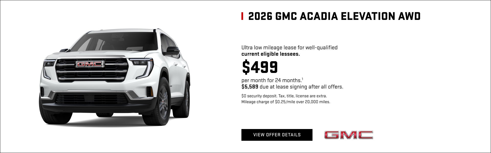 Ultra low mileage lease for well-qualified current eligible lessees.

$499 per month for 24 month...