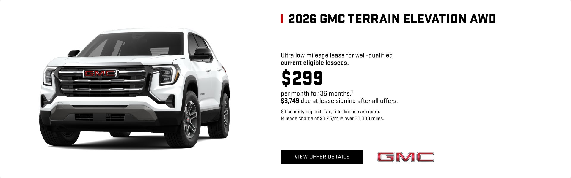 Ultra low mileage lease for well-qualified current eligible lessees.

$299 per month for 36 month...